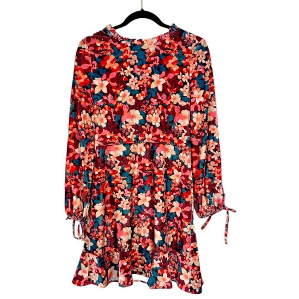 BCBGeneration Retro Floral Velvet Long Sleeve Ruffleโ Mini Dress Size 8